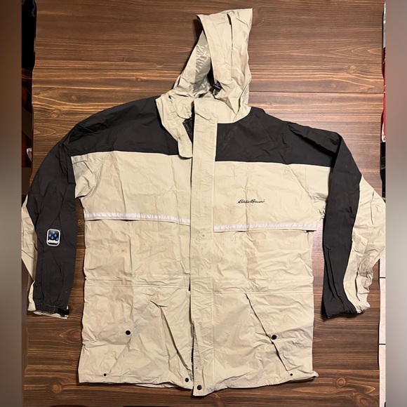 Eddie Bauer Waterproof PVC Nylon Zip Rain Suit Jacket & Pants Adult's XL Tan - Picture 8 of 14
